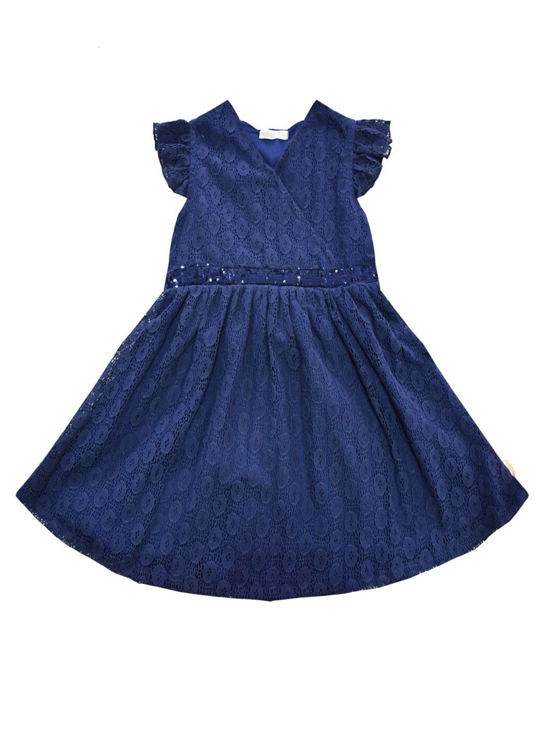 

milou Girls Self Design V-Neck Flutter Sleeves Pure Cotton Fit & Flare Dress, Navy blue
