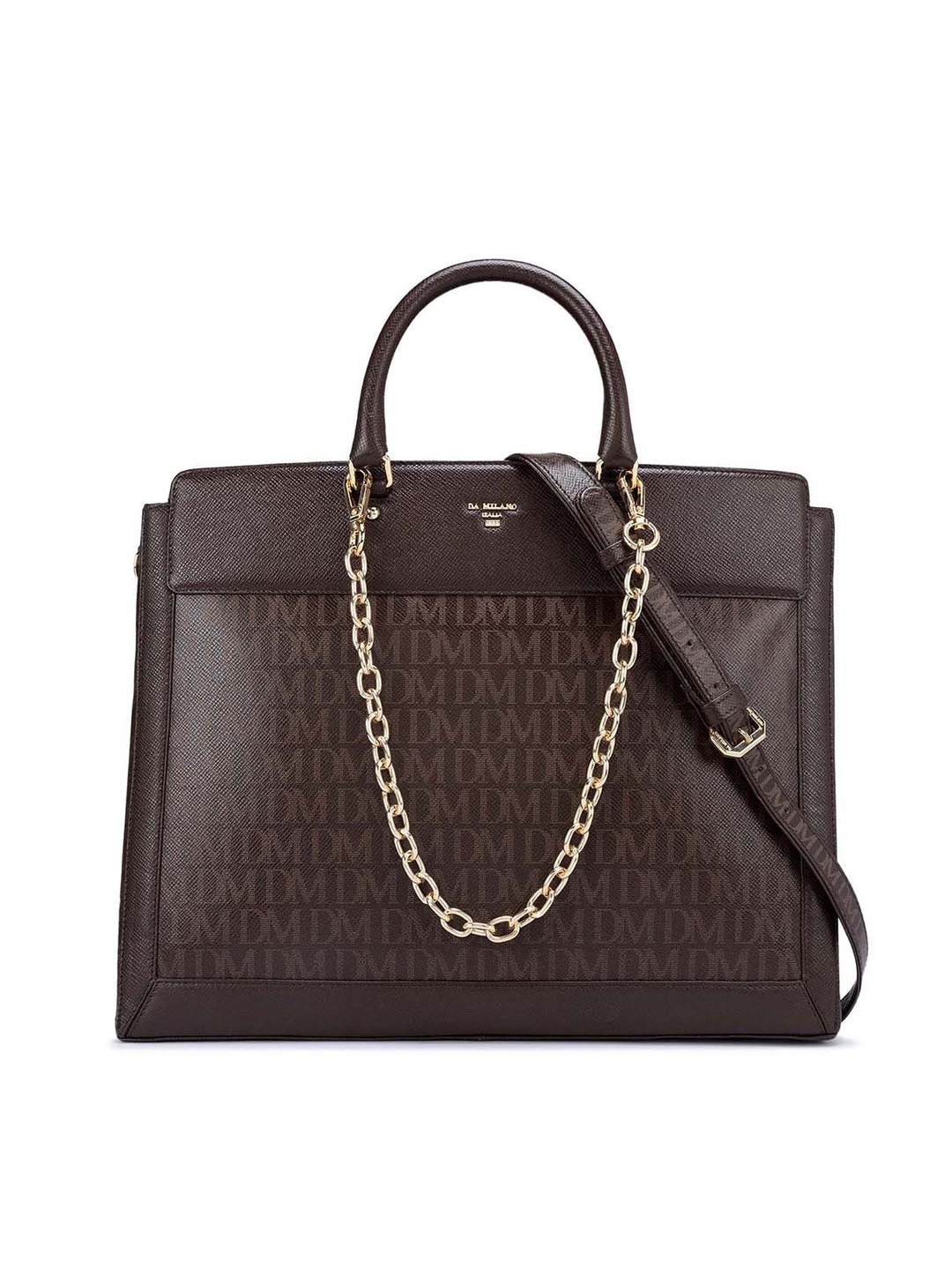 

Da Milano Typography Printed Leather Structured Handheld Bag, Brown