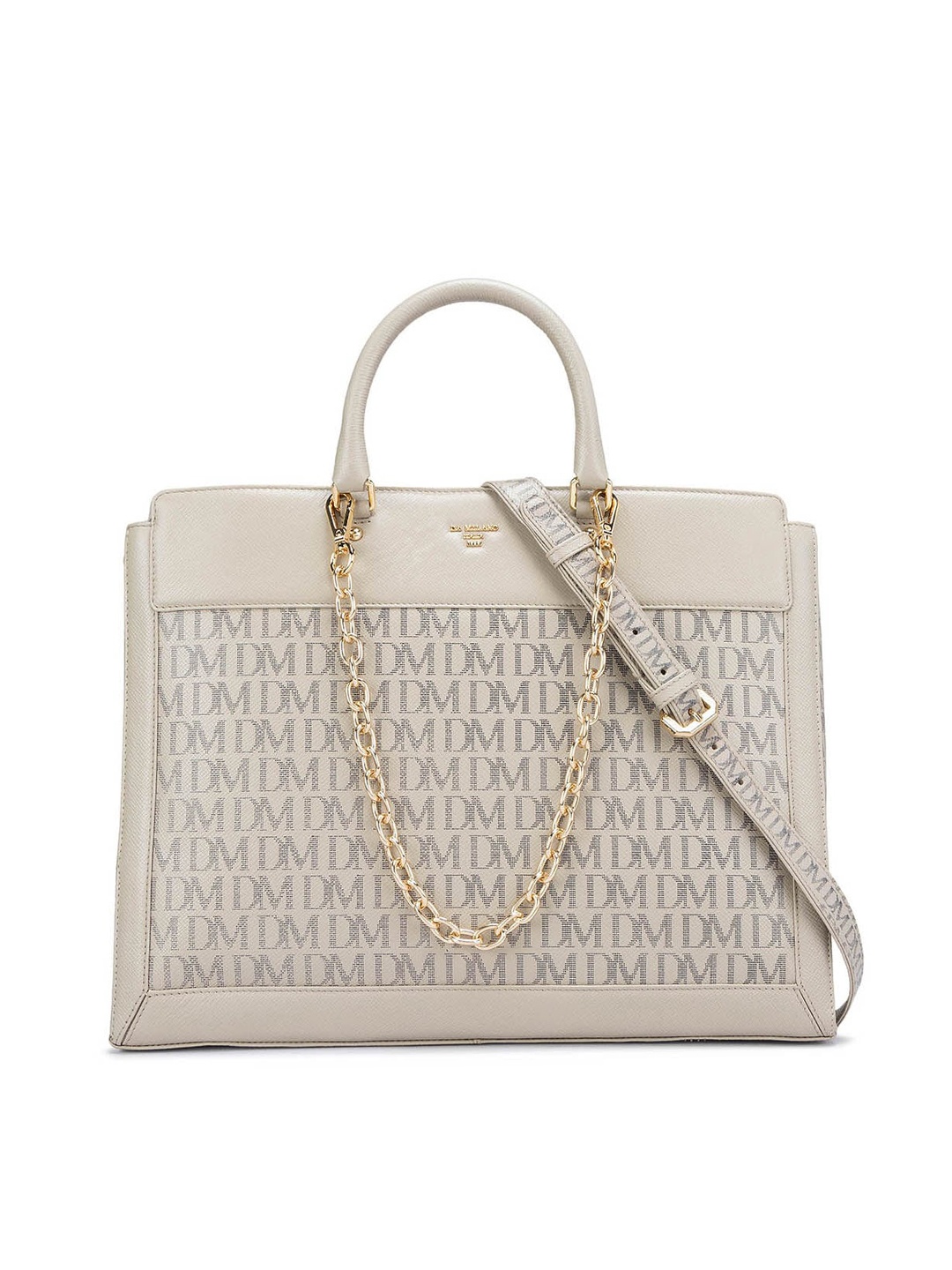 

Da Milano Typography Printed Leather Structured Handheld Bag, Beige