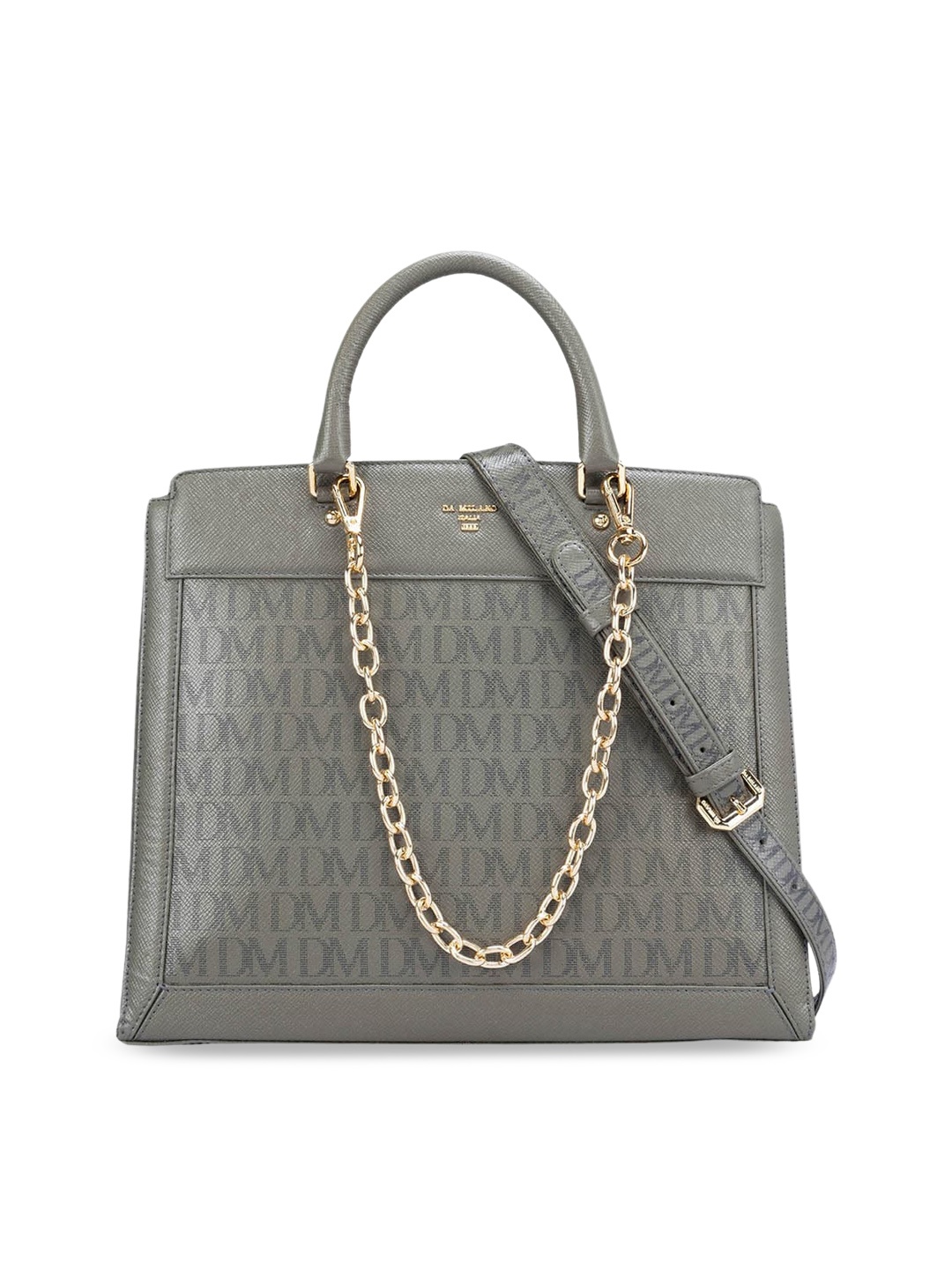 

Da Milano Typography Printed Leather Structured Handheld Bag, Grey