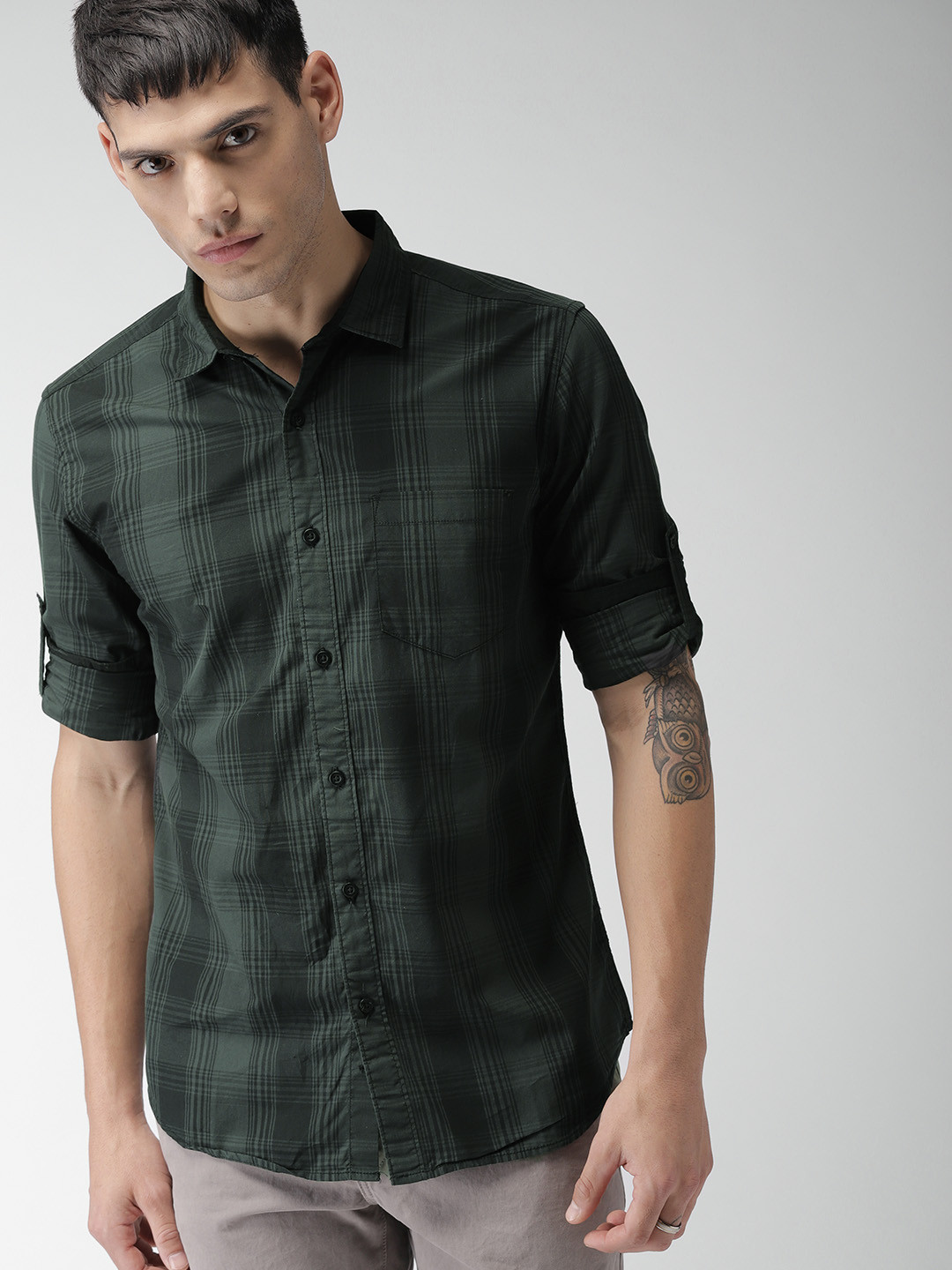 

HIGHLANDER Men Black & Charcoal Grey Slim Fit Checked Casual Shirt