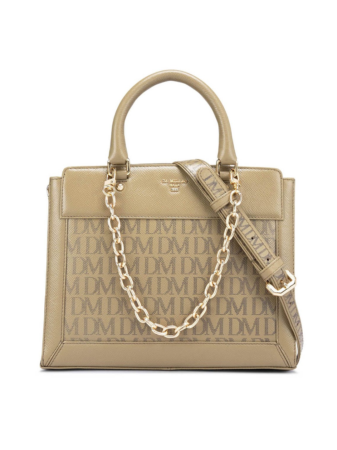 

Da Milano Typography Printed Leather Structured Handheld Bag, Beige