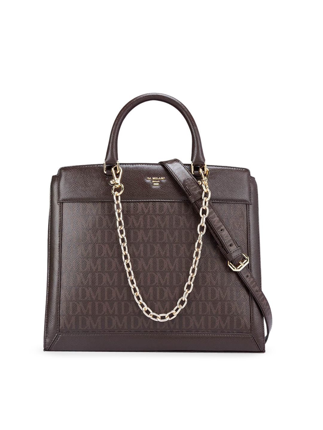 

Da Milano Typography printed Leather Structured Handheld Bag, Brown