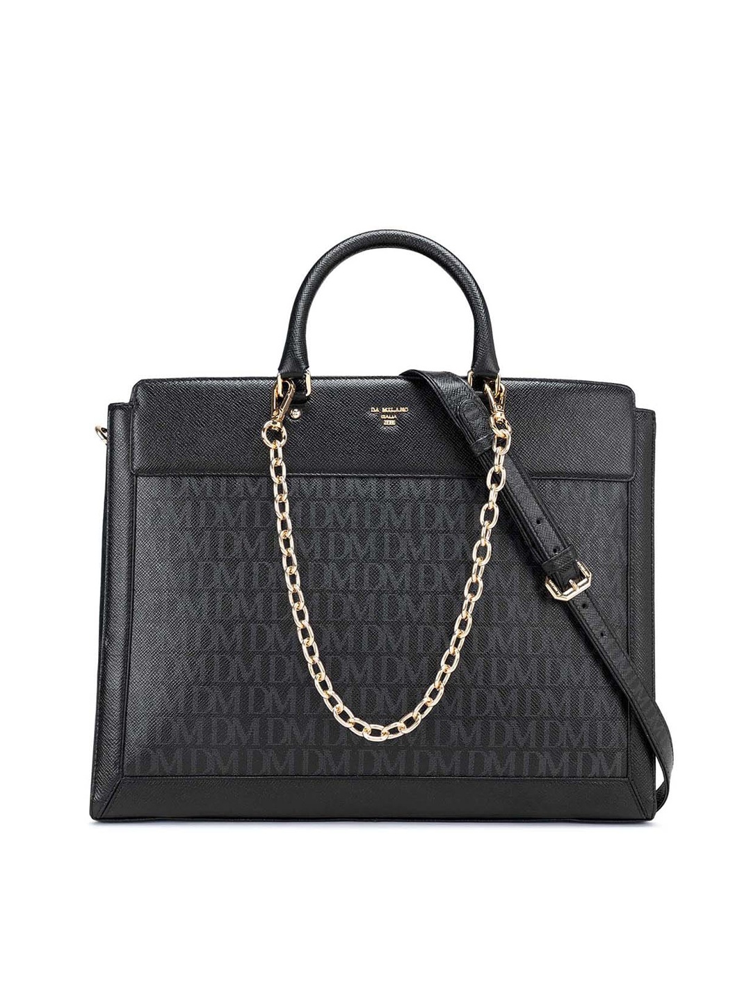 

Da Milano Typography Printed Leather Structured Handheld Bag, Black