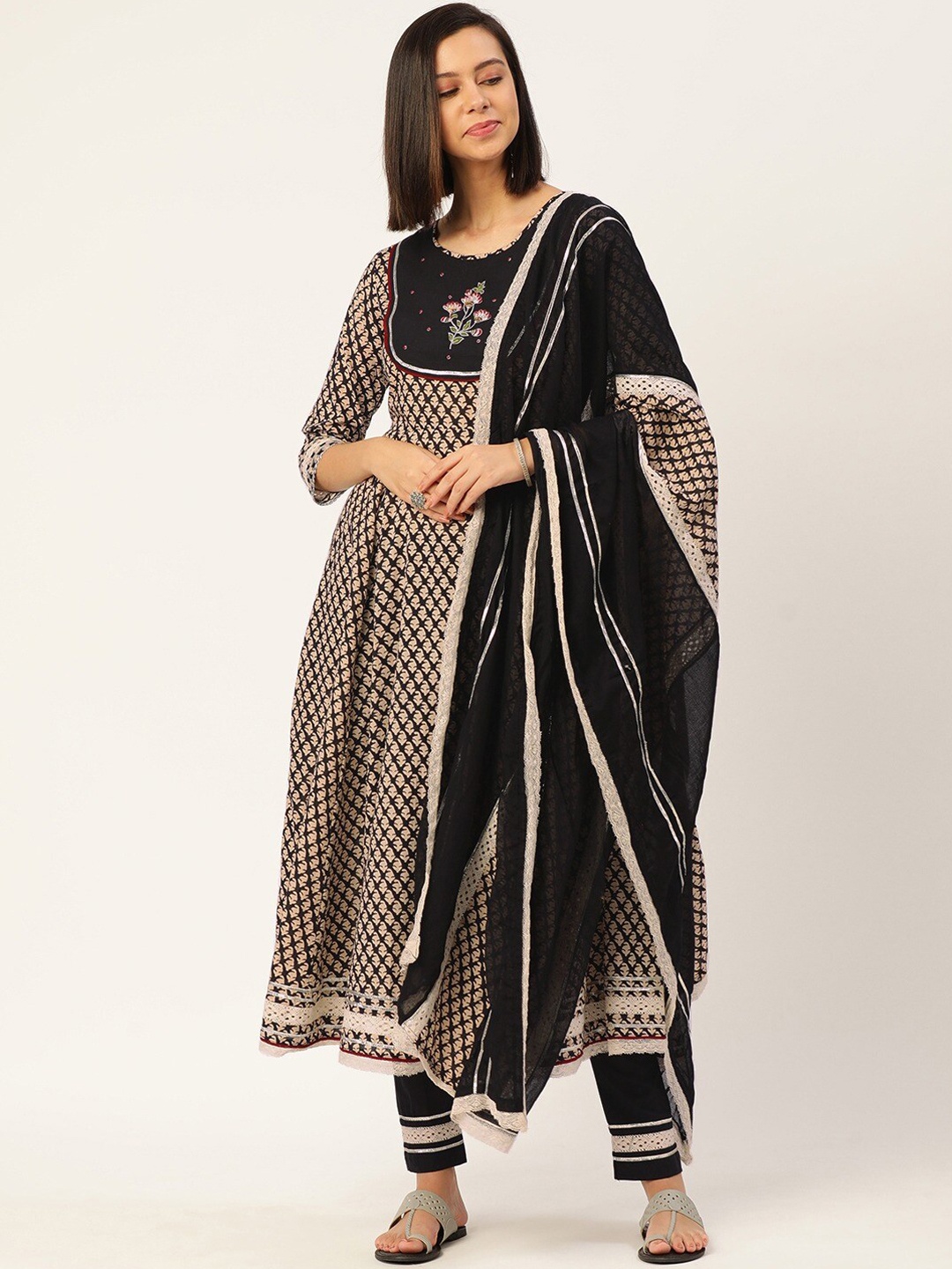 

KALINI Ethnic Motifs Printed Thread Work Pure Cotton Kurta with Trousers & With Dupatta, Black