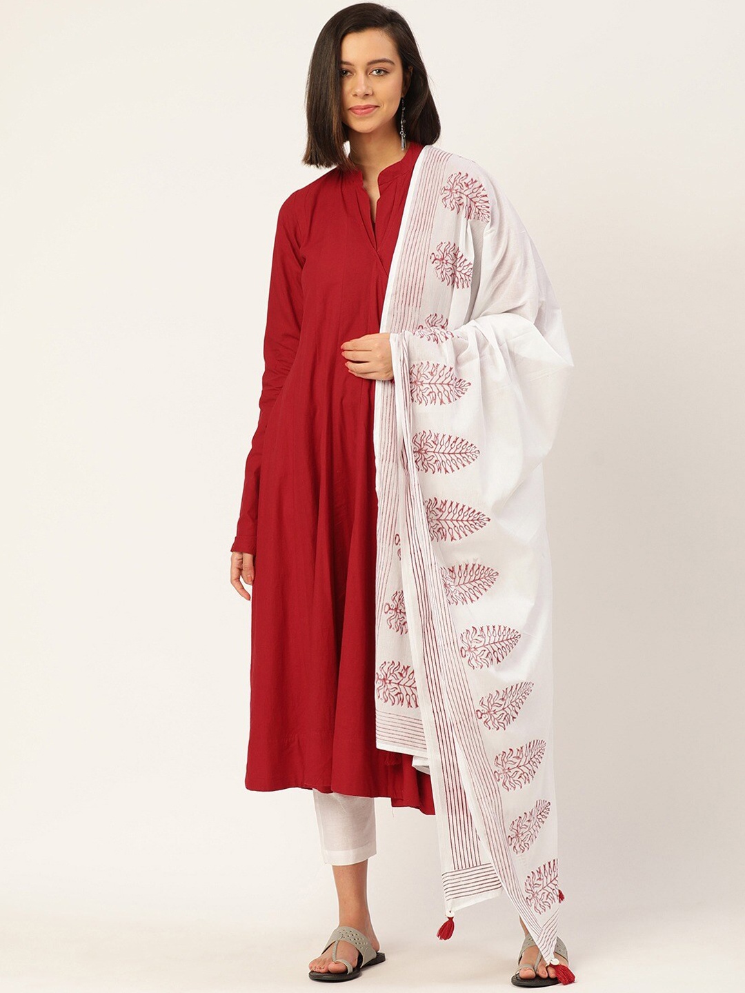 

KALINI Mandarin Collar Angrakha Pure Cotton Kurta with Trousers & With Dupatta, Red