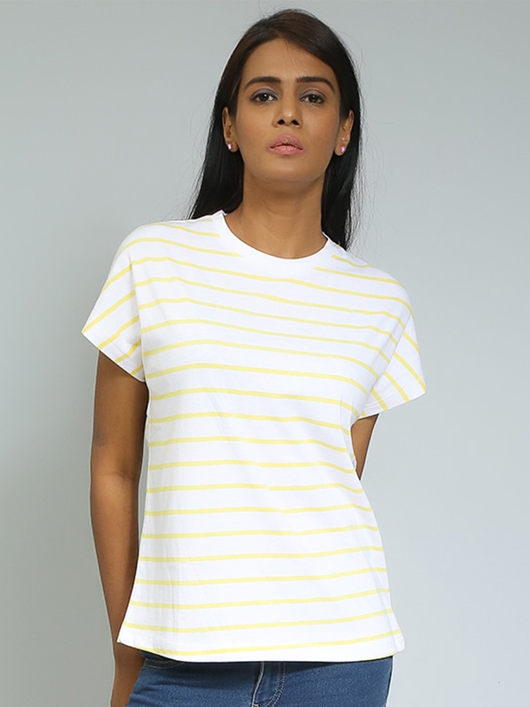 

Mast & Harbour Yellow Striped Relaxed Fit Extended Sleeves Pure Cotton T-shirt