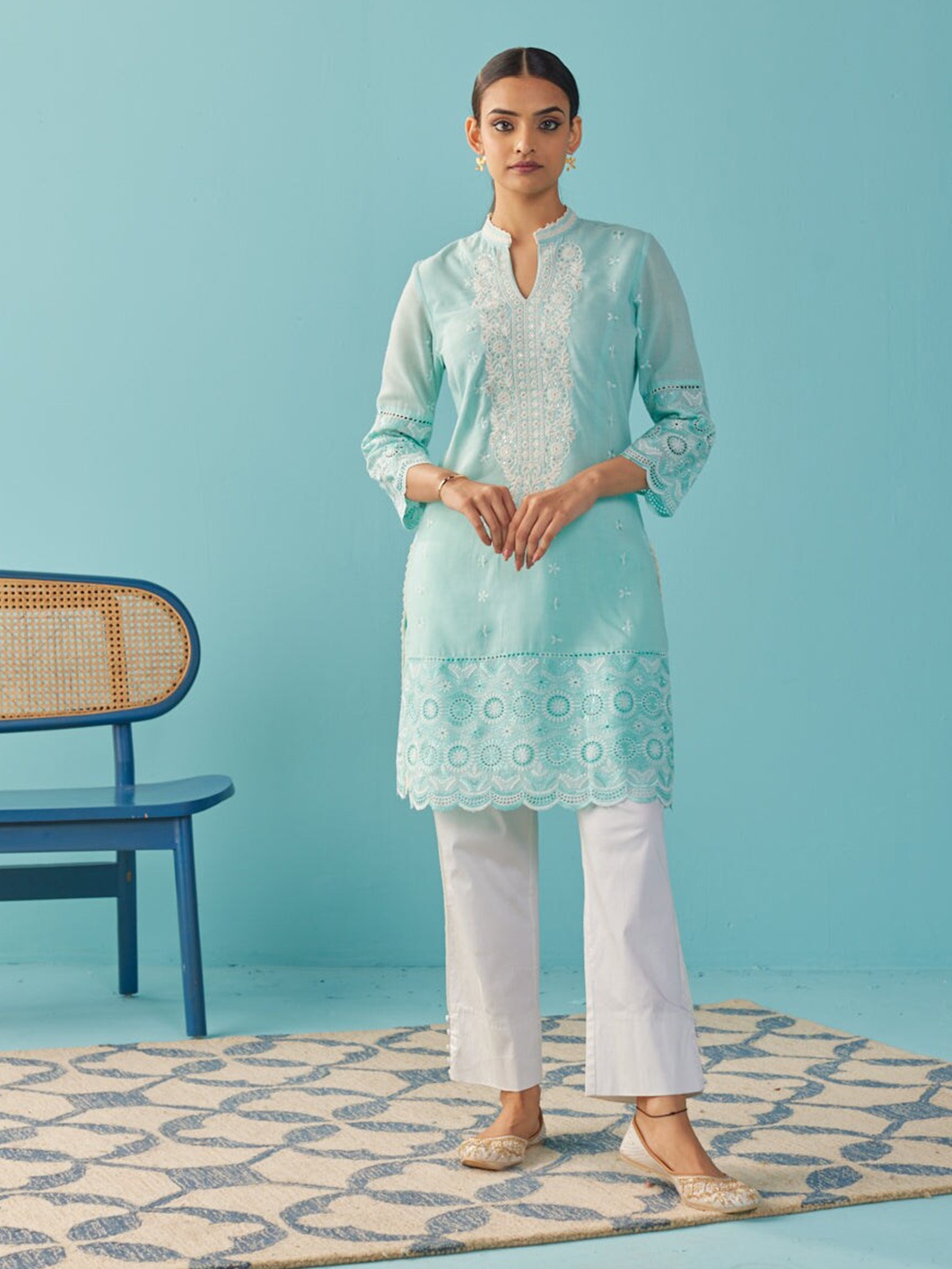 

Lakshita Flora Embroidered Mandarin Collar Kurta, Blue