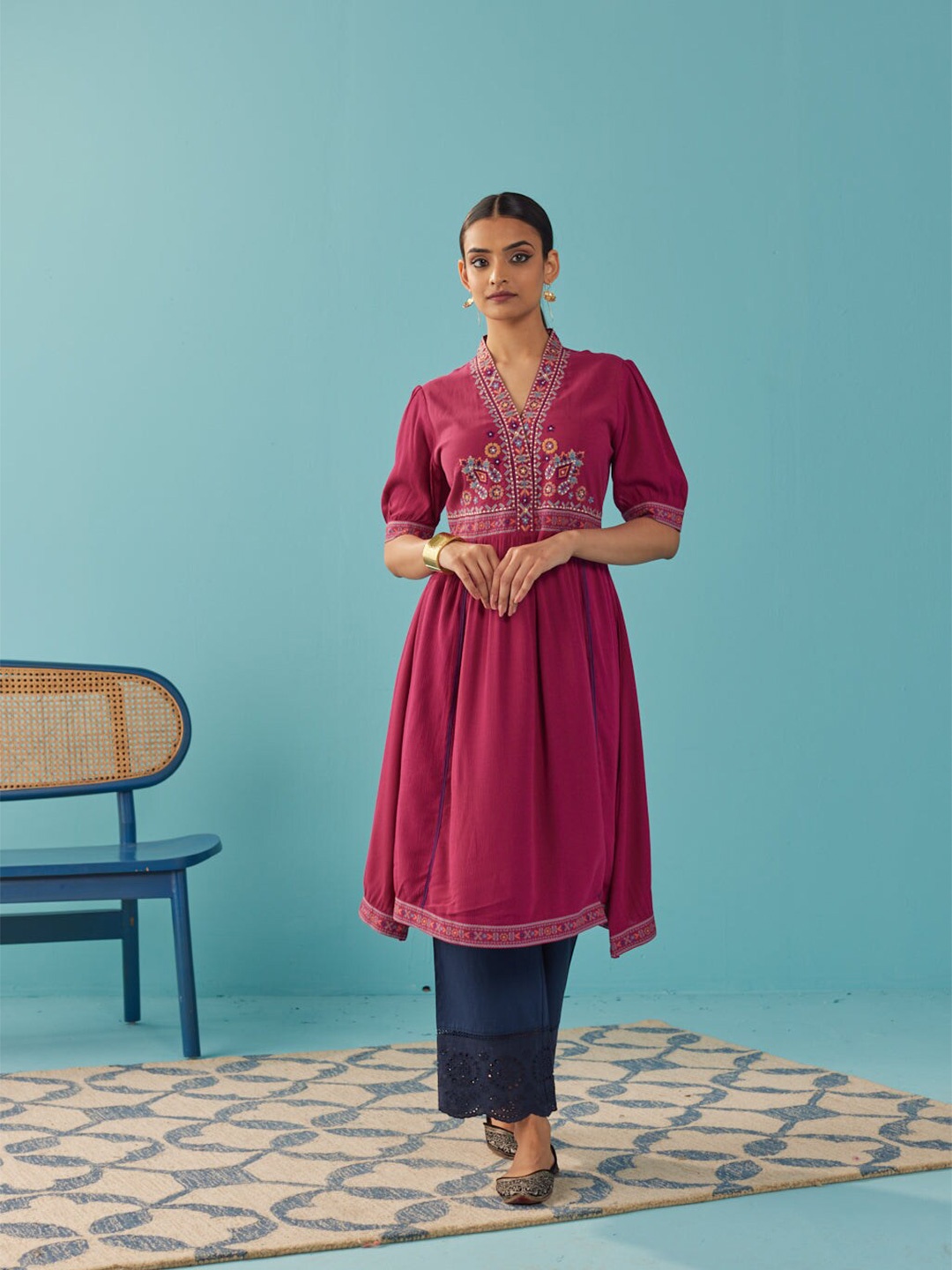 

Lakshita Ethnic Motifs A-Line Embroidered Kurta, Magenta