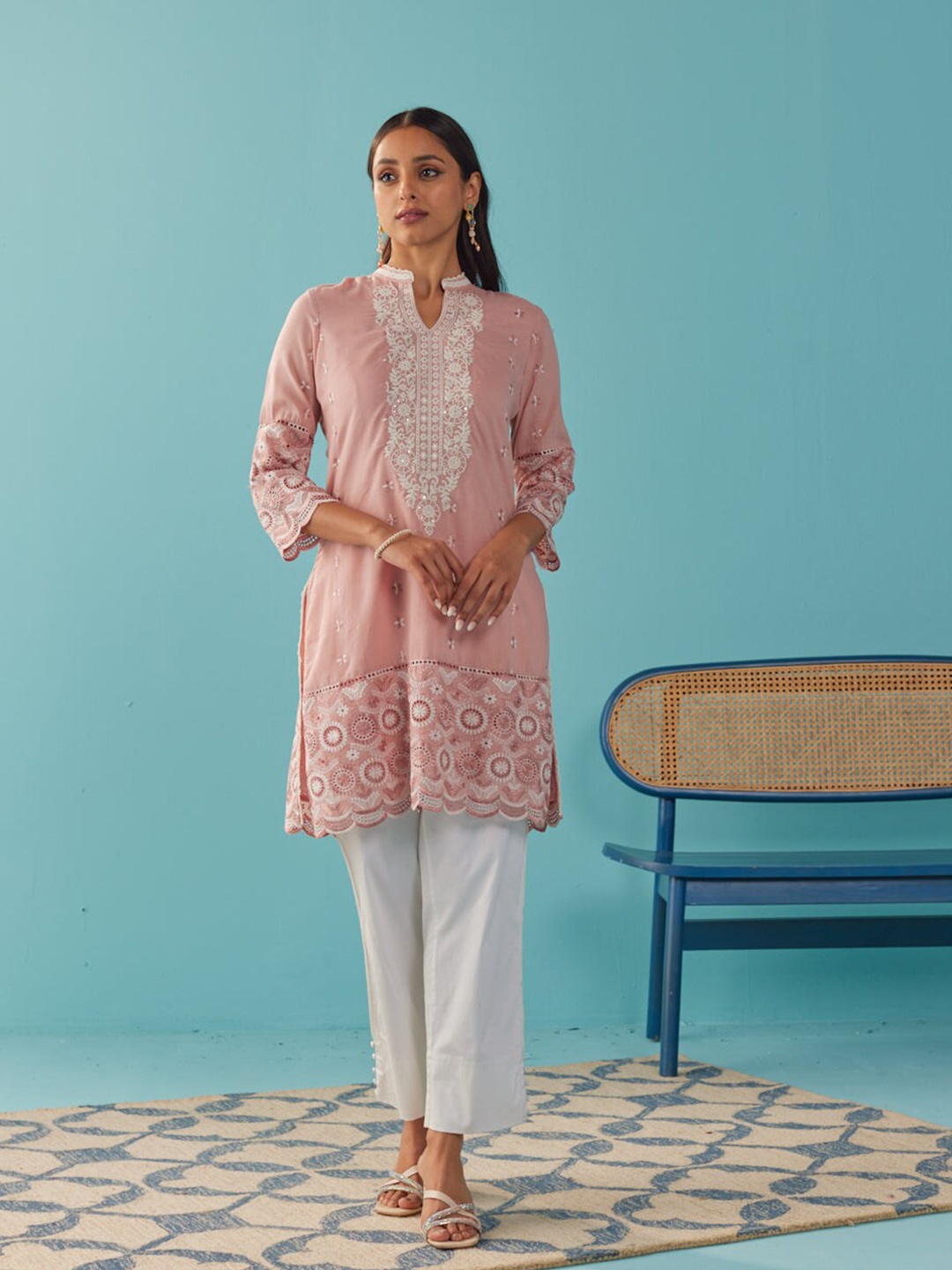 

Lakshita Floral Embroidered Mandarin Collar Thread Work Kurti, Peach