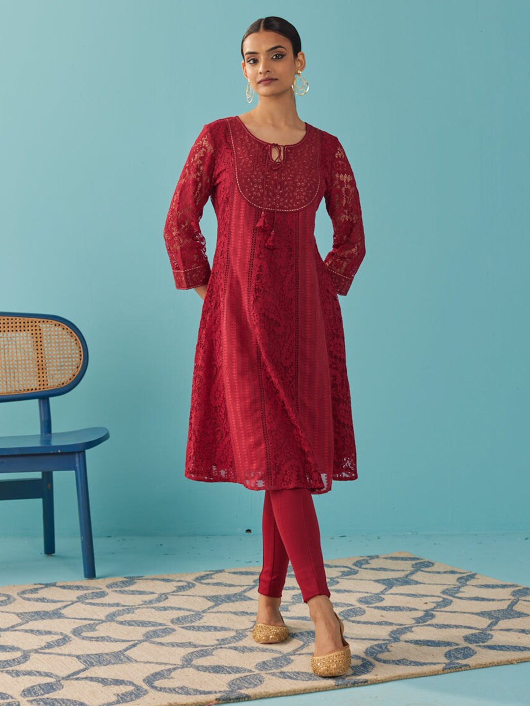

Lakshita Floral Embroidered Tie-Up Neck A-Line Kurta, Maroon