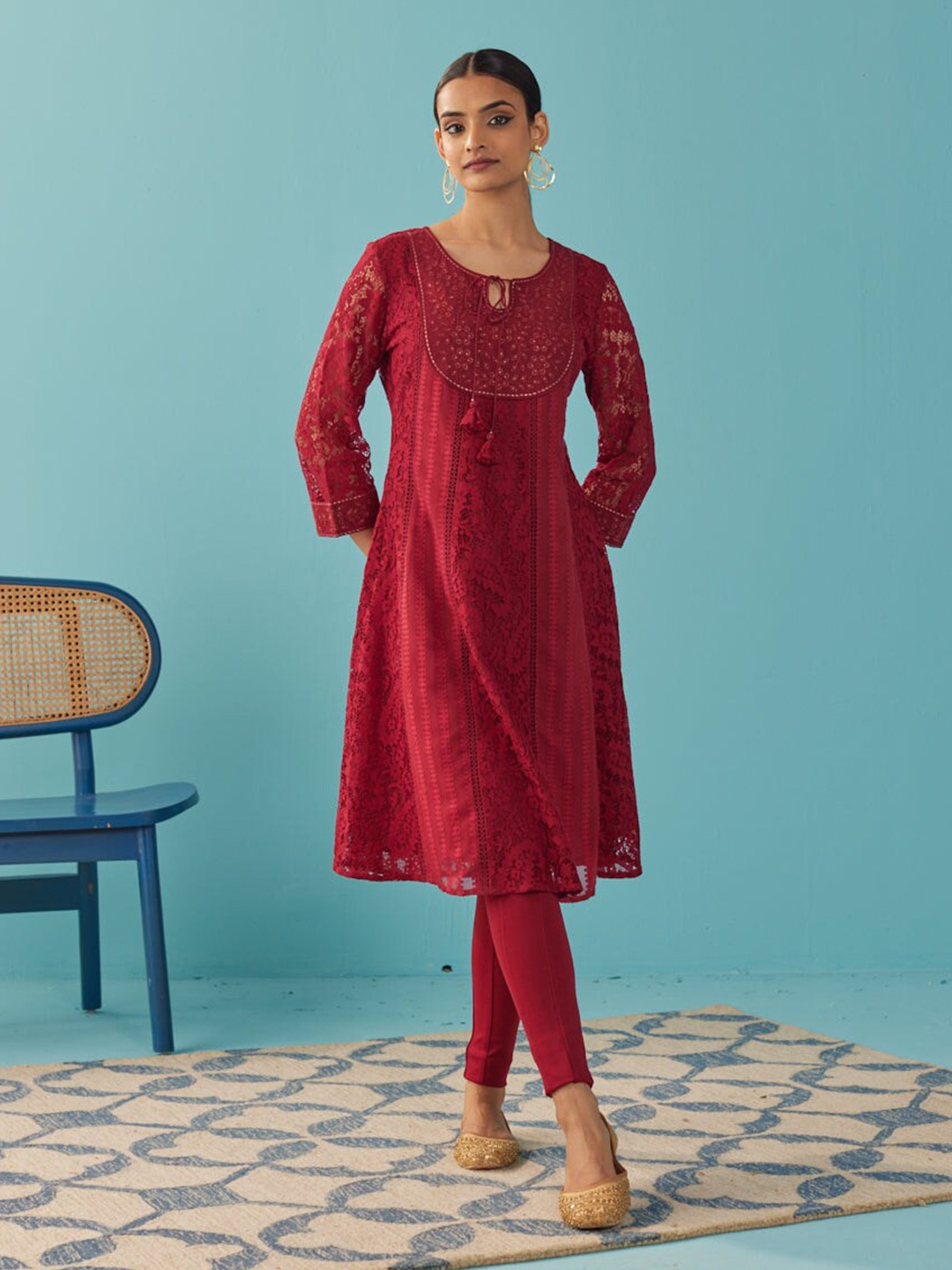 

Lakshita Woven Design Sequinned A-Line Kurta, Maroon