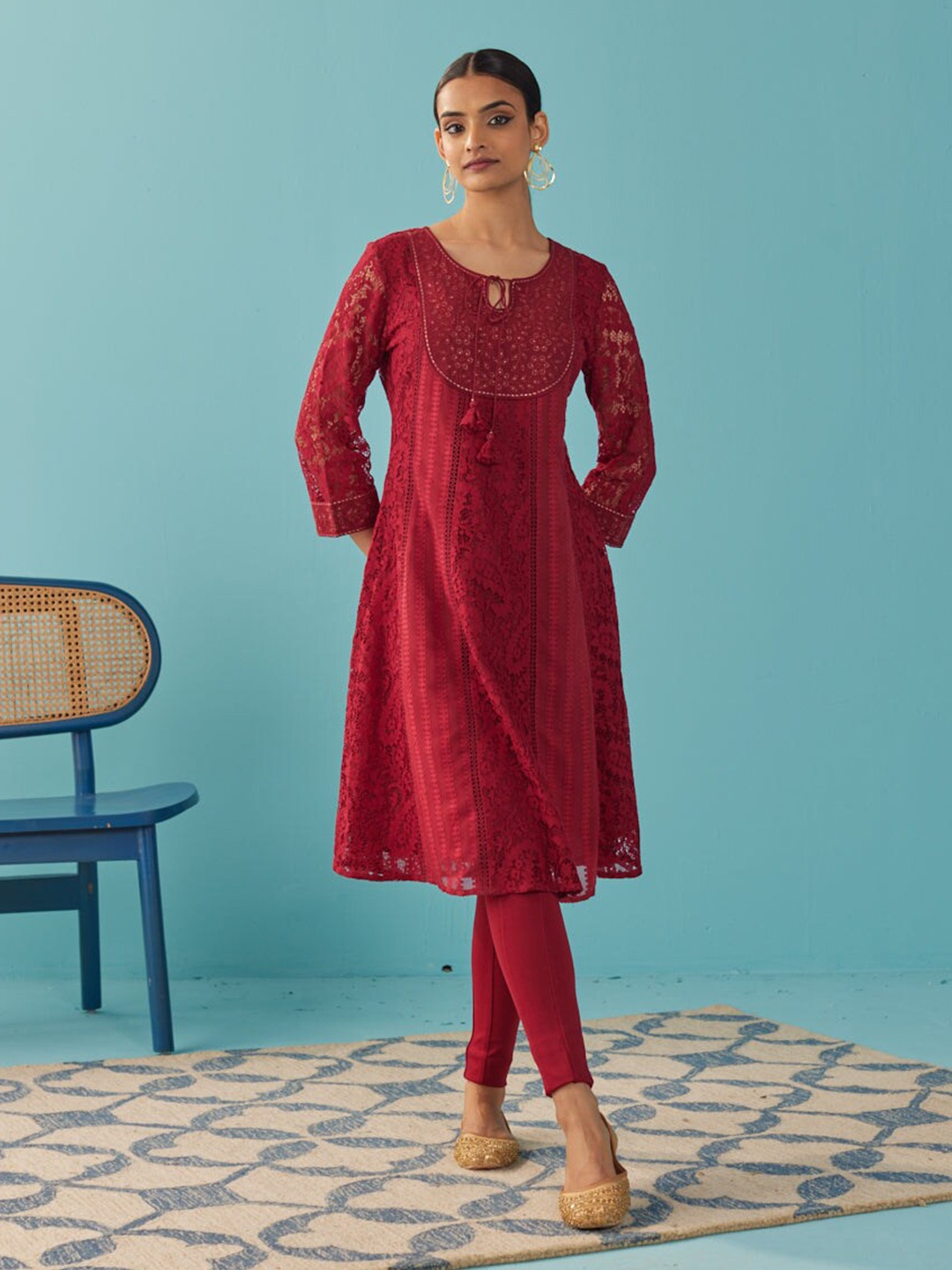 

Lakshita Floral Embroidered Tie-Up Neck A-Line Kurta, Maroon