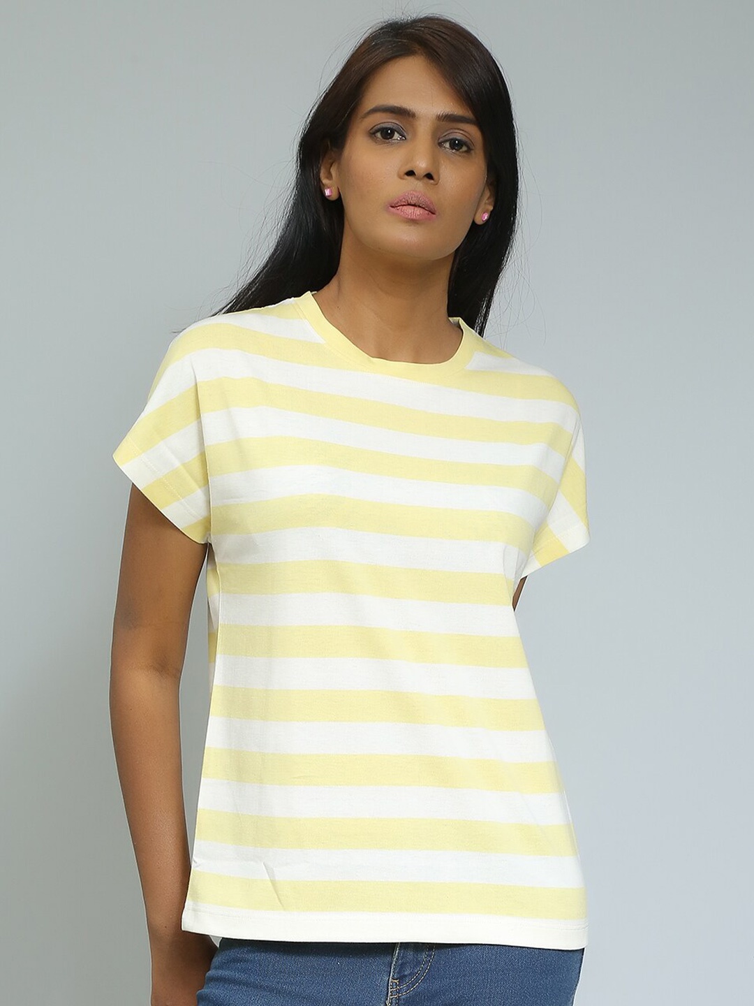 

Mast & Harbour Yellow Striped Relaxed Fit Extended Sleeves Pure Cotton T-shirt