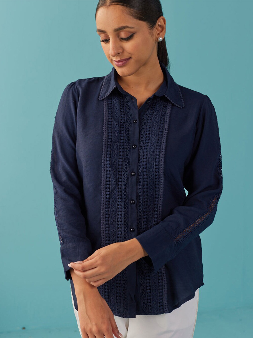 

Lakshita Classic Spread Collar Opaque Casual Shirt, Navy blue