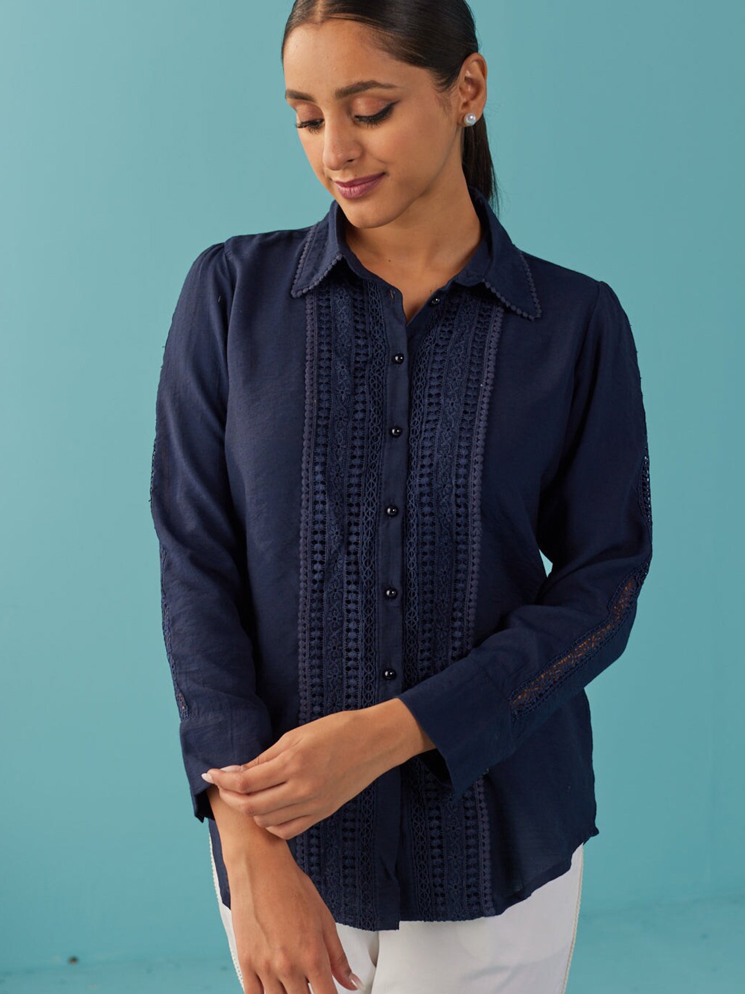 

Lakshita Classic Spread Collar Opaque Casual Shirt, Navy blue