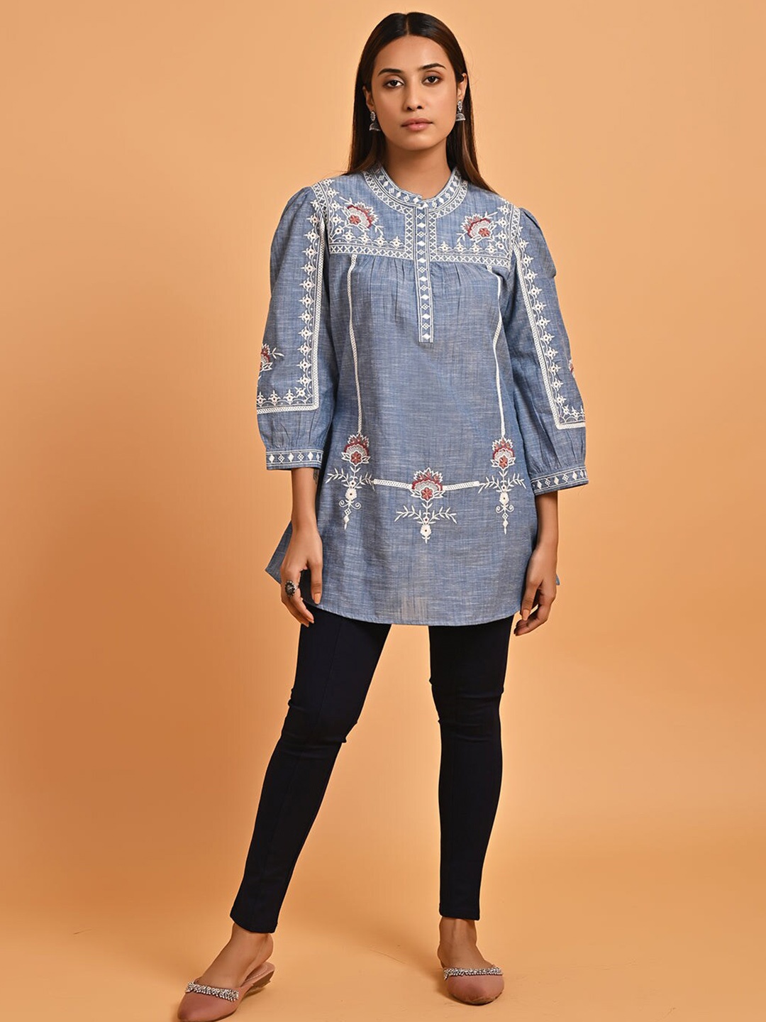 

Lakshita Blue Ethnic Motifs Embroidered Mandarin Collar Pure Cotton Tunic