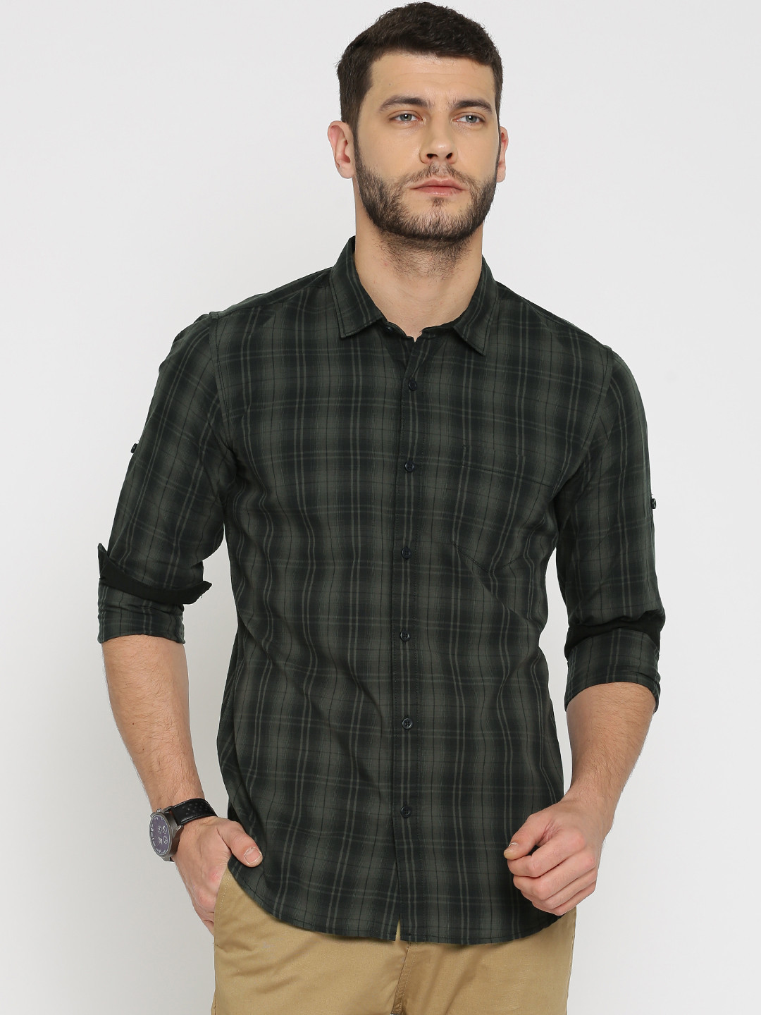 

HIGHLANDER Men Green & Grey Slim Fit Checked Casual Shirt