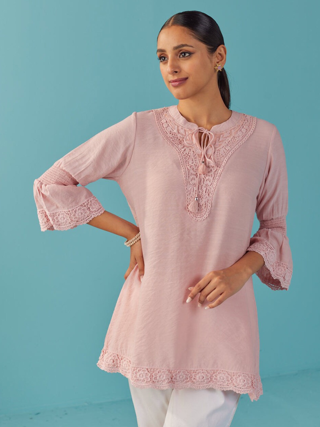 

Lakshita Tie-Up Neck Bell Sleeves Tunic, Pink