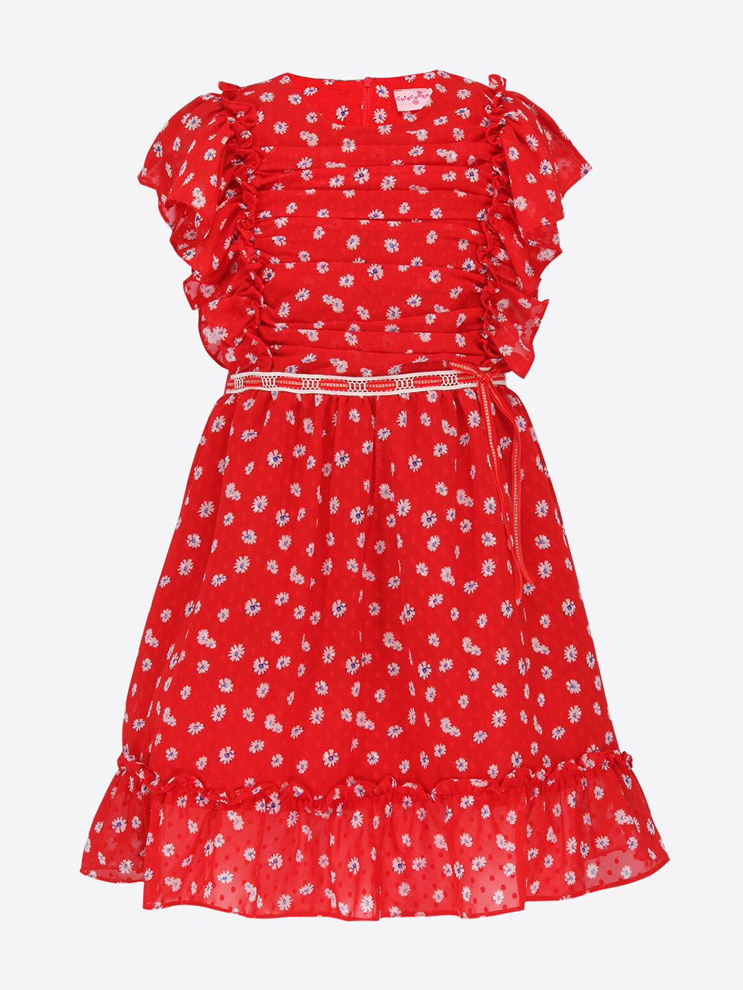 

CUTECUMBER Girls Floral Printed Flutter Sleeves Fit & Flare Dress, Red