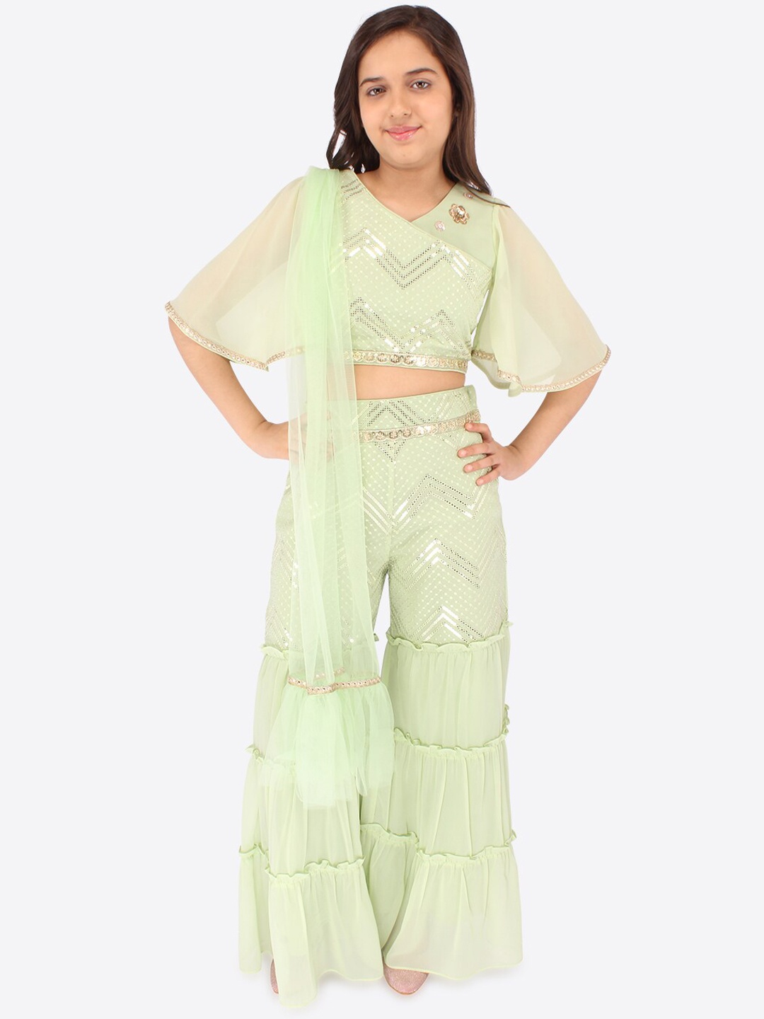 

CUTECUMBER Girls Embroidered Regular Sequined Top with Sharara & With Dupatta, Green