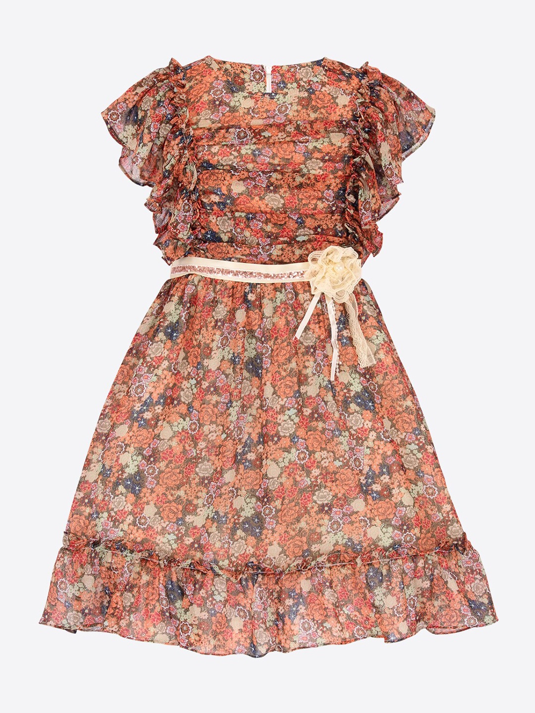 

CUTECUMBER Girls Floral Printed Flutter Sleeves Gathered Detailed Fit & Flare Dress, Orange