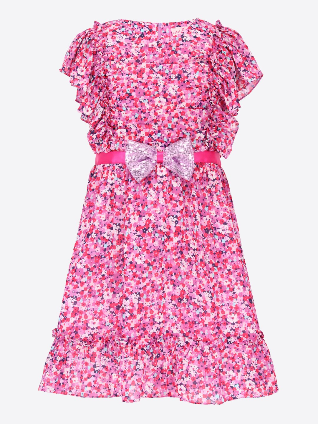 

CUTECUMBER Floral Printed Flutter Sleeve Georgette Fit & Flare Dress, Pink