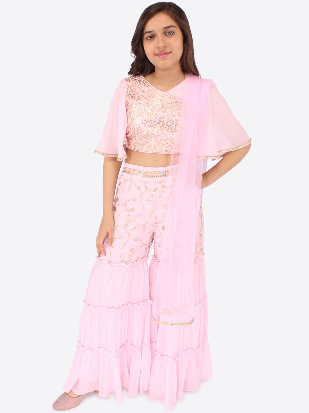 

CUTECUMBER Girls Embroidered Regular Sequined Top with Sharara & With Dupatta, Pink