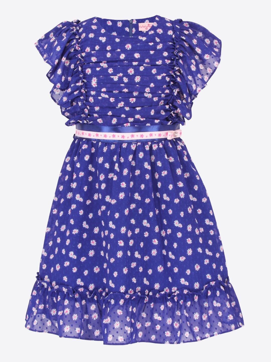 

CUTECUMBER Floral Printed Flutter Sleeve Georgette Fit & Flare Dress, Blue