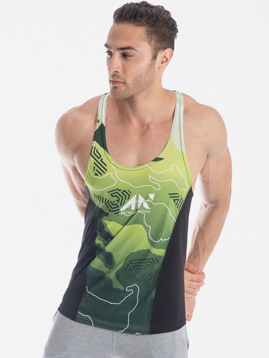 

AESTHETIC NATION Printed Innerwear Gym Vests, Black