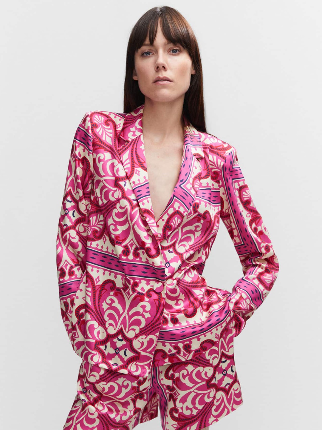 

MANGO Printed Satin Double-Breasted Blazer, Pink