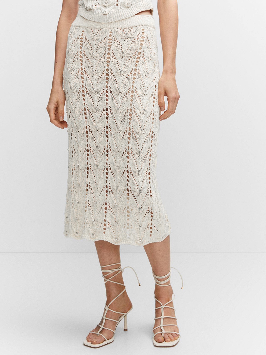 

MANGO Open Knit Straight Midi Skirt with Rhinestone Detail, Off white