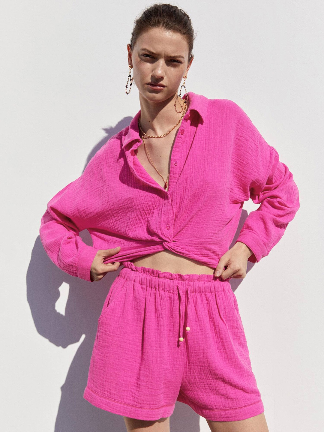 

MANGO Pure Cotton Twisted Detail Crinkled Detail Crop Shirt, Pink