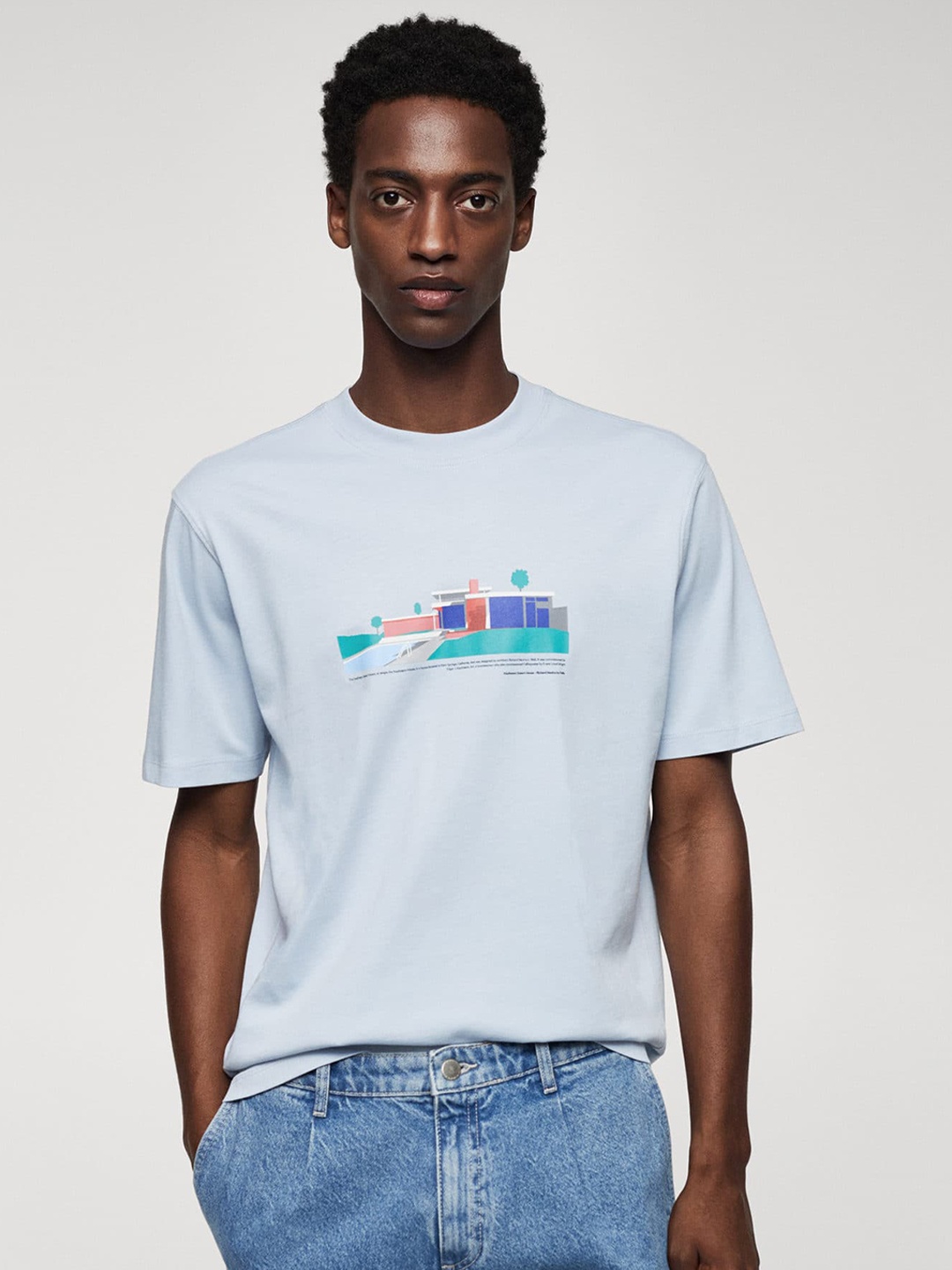 

MANGO MAN Printed Pure Cotton T-shirt, Blue