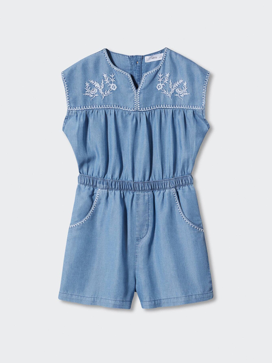 

Mango Kids Girls Floral Self Design Gathered Detail Playsuit, Blue