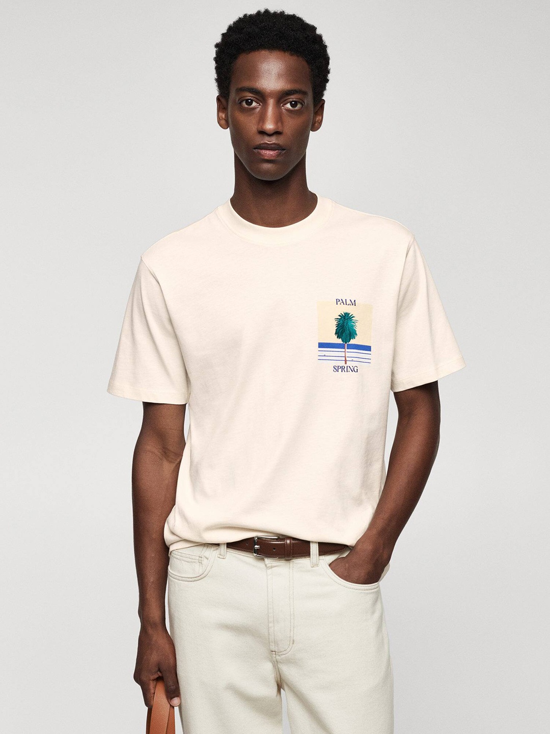 

MANGO MAN Embroidered Pure Cotton T-shirt, Cream