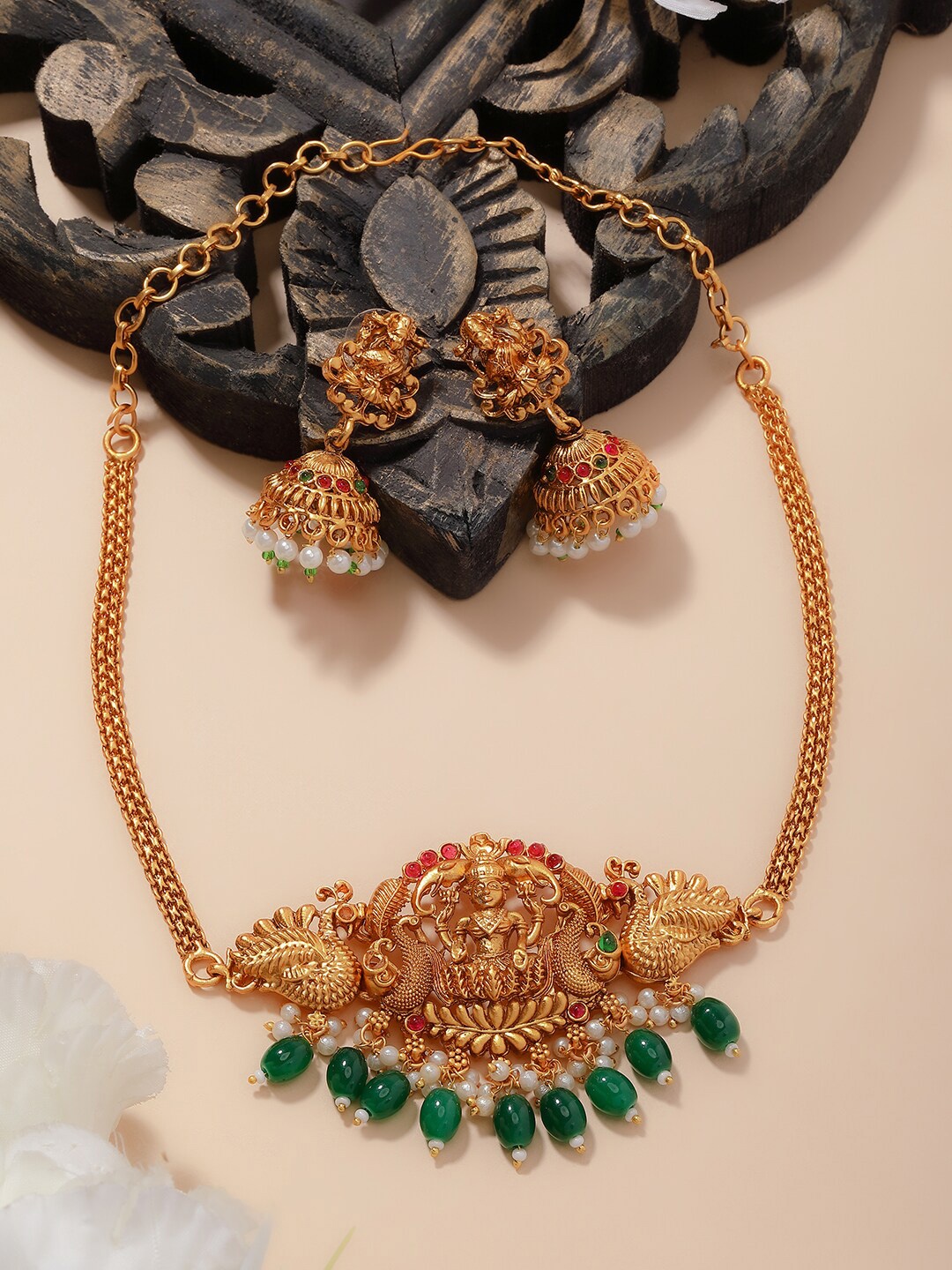 

PANASH Gold-Plated Stones-Studded & Beaded Temple Choker Jewellery Set