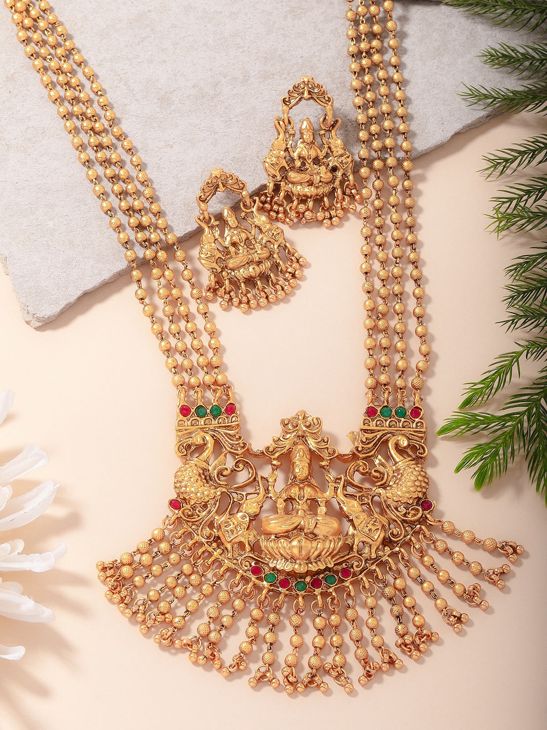 

PANASH Gold-Plated Stones-Studded & Beaded Temple Jewellery Set