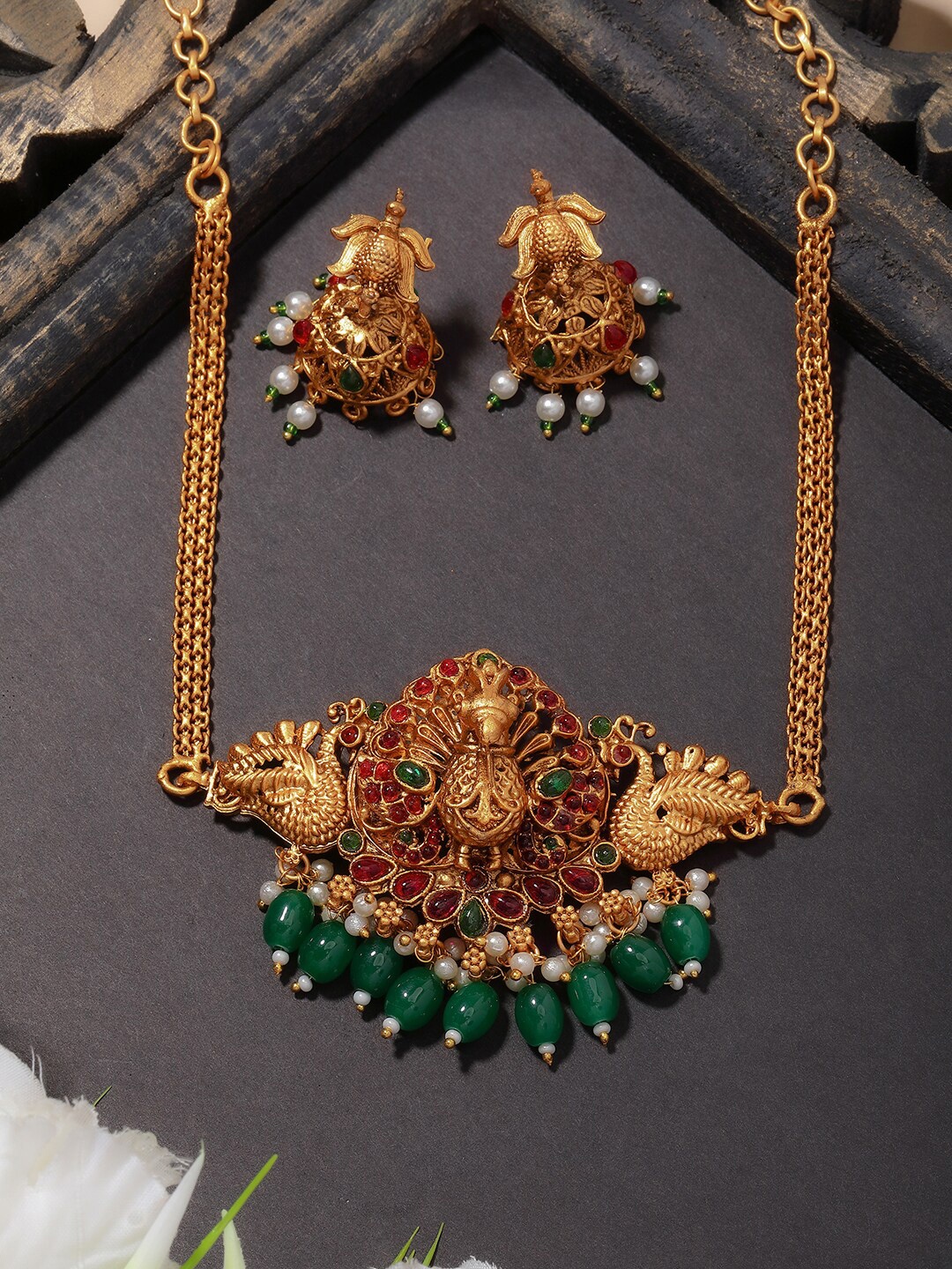 

PANASH Gold-Plated Stones-Studded & Beaded Peacock Shaped Jewellery Set