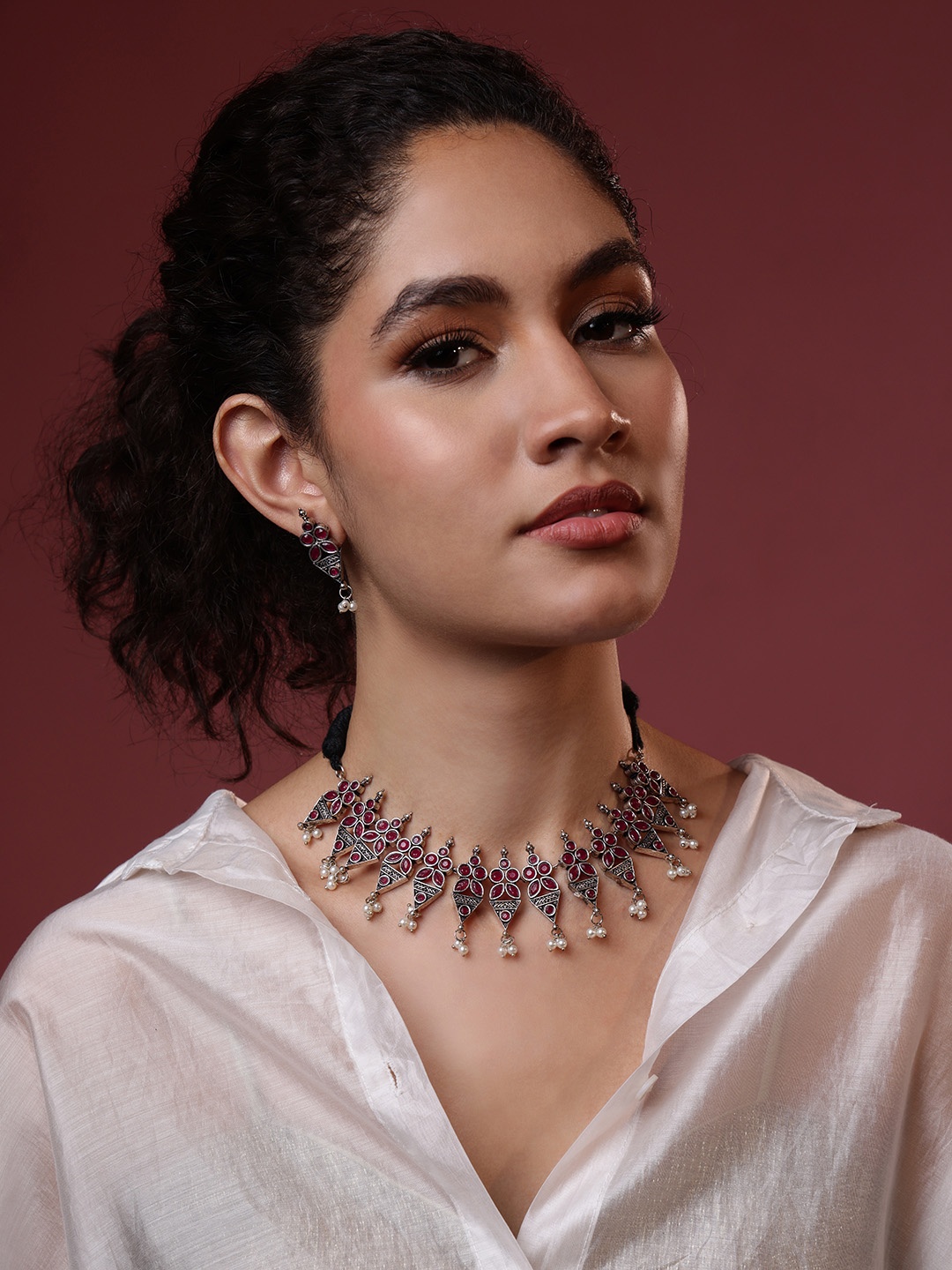 

PANASH Silver-Plated Stone-Studded & Beaded Jewellery Set