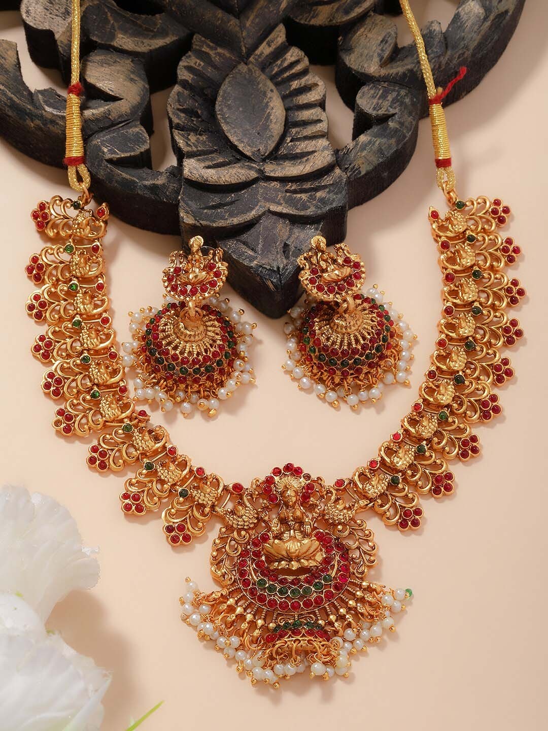 

PANASH Gold-Plated Stones-Studded & Beaded Peacock Shaped Jewellery Set