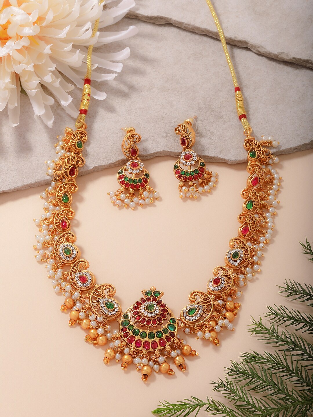 

PANASH Gold-Plated Stones-Studded & Beaded Jewellery Set