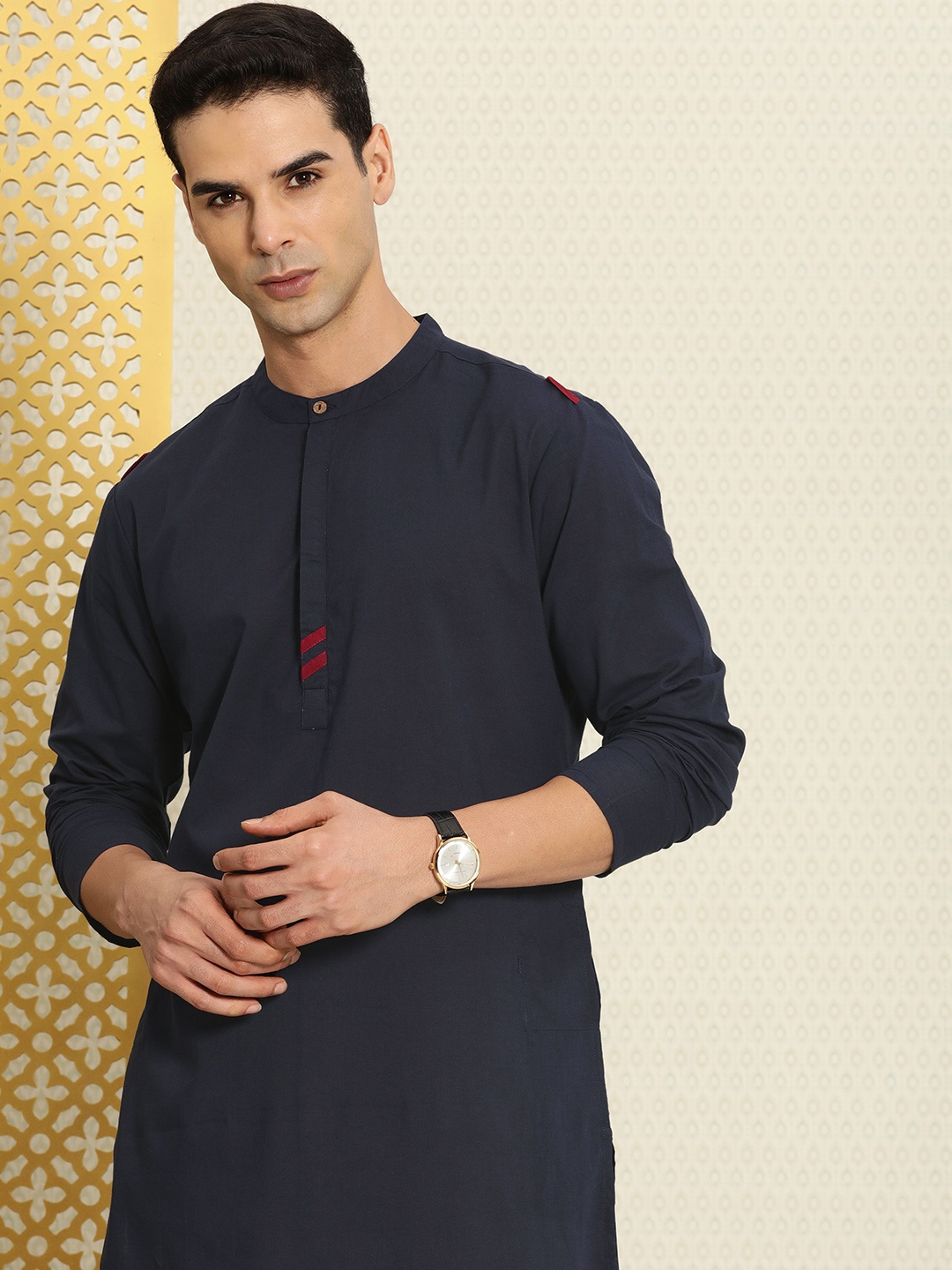 

House of Pataudi Pure Cotton Band Collar Regular Rozana Kurta, Navy blue