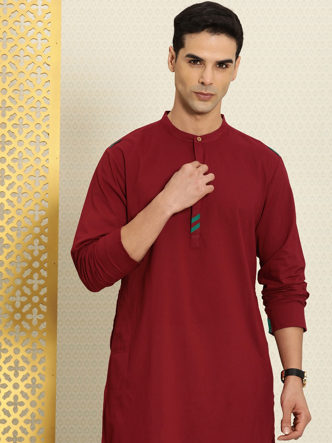 

House of Pataudi Pure Cotton Band Collar Regular Rozana Kurta, Red