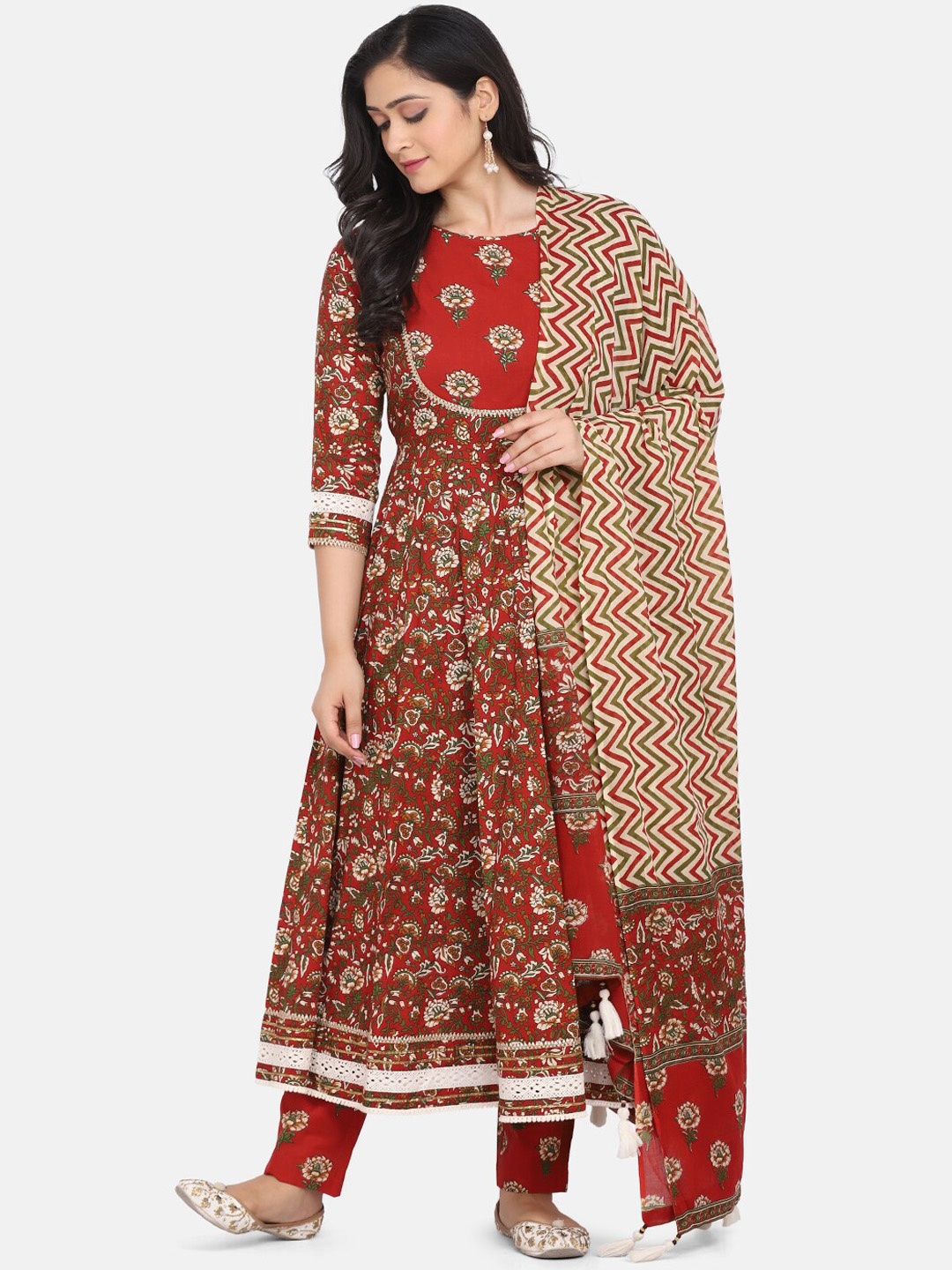 

Saanjh Maroon Floral Printed Pure Cotton Anarkali Kurta & Trousers With Dupatta