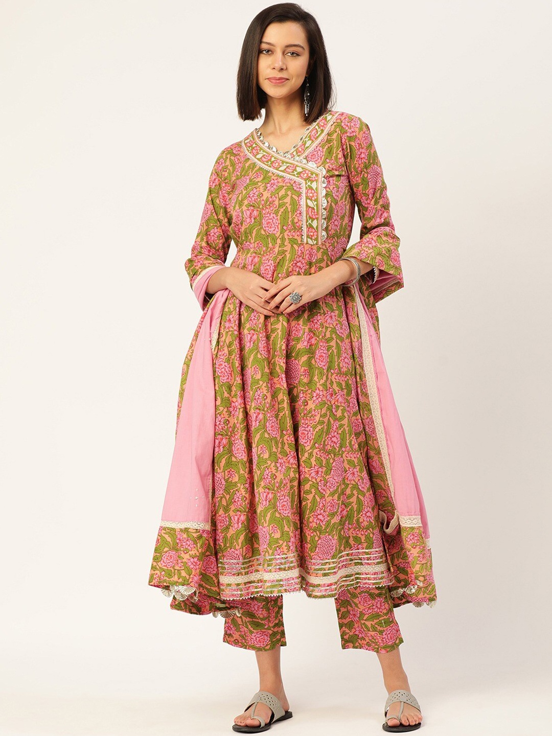 

Saanjh Pink Floral Printed Angrakha Gotta Patti Pure Cotton Kurta With Trousers & Dupatta