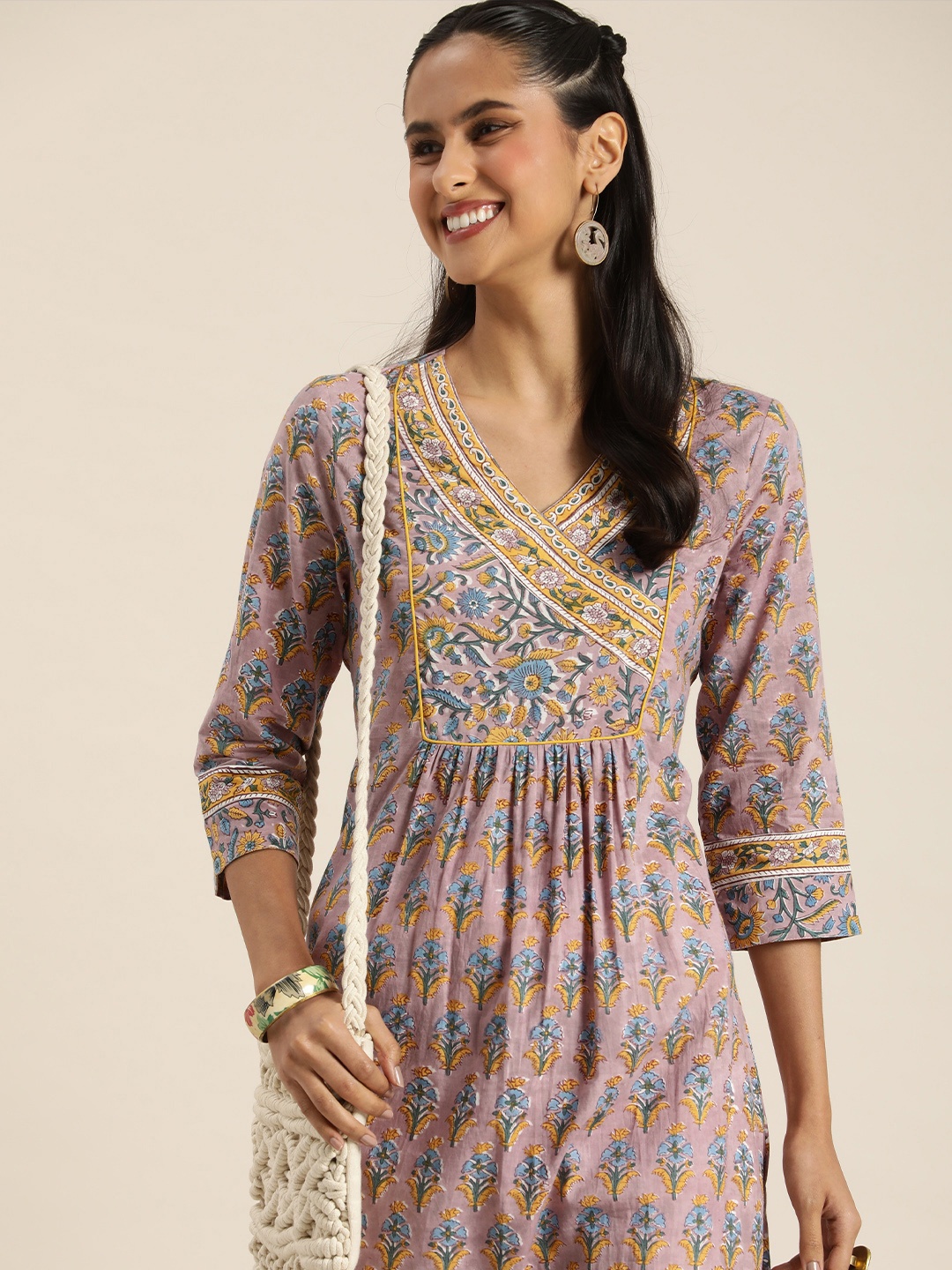 

Taavi Pure Cotton Ethnic Motifs Printed A-Line Block Print Sanganeri Kurta, Mauve