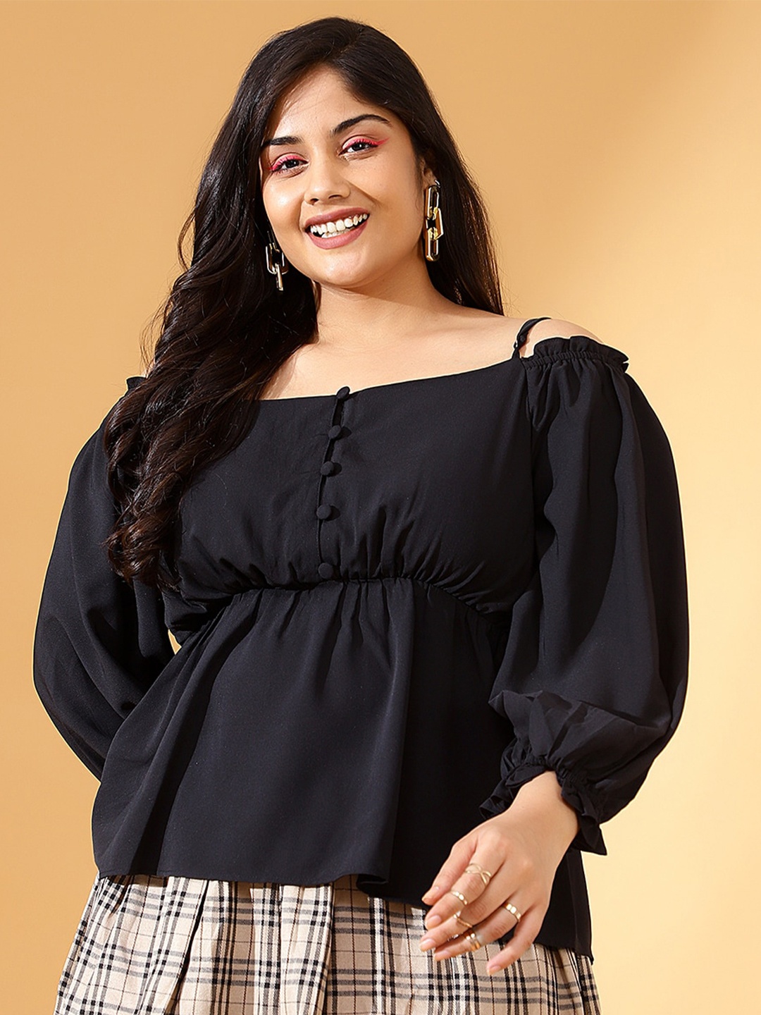 

CURVE BY KASSUALLY Off-Shoulder Puff Sleeve Empire Top, Black