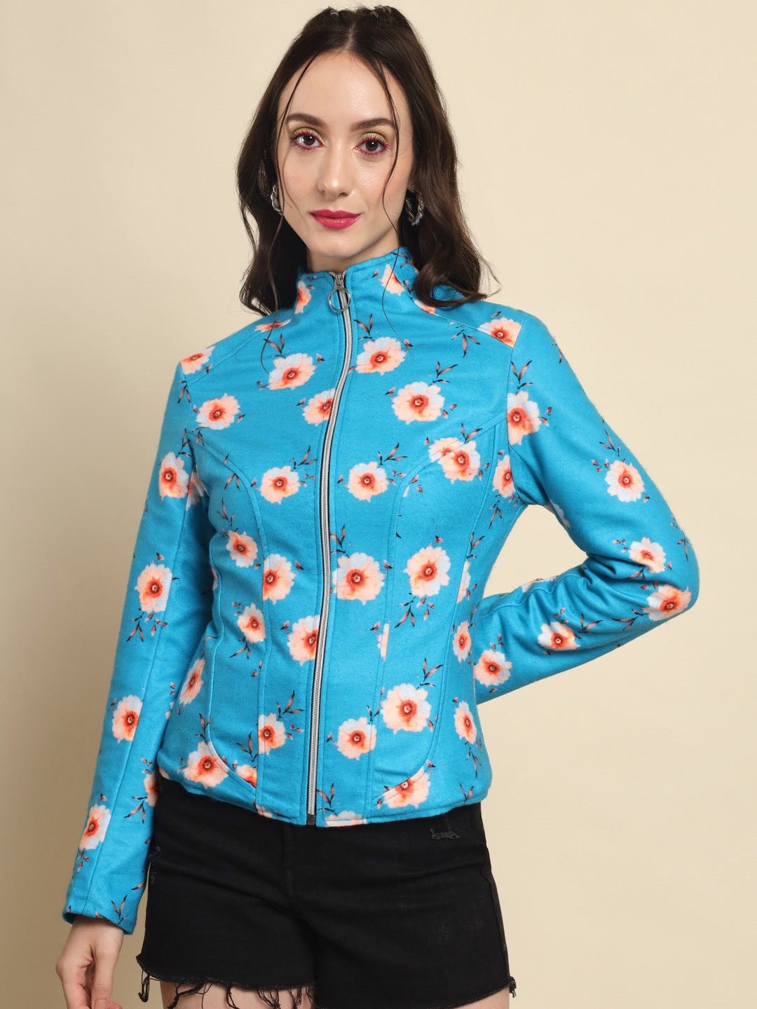 

BAESD Floral Printed Stand Collar Fleece Bomber Jacket, Blue