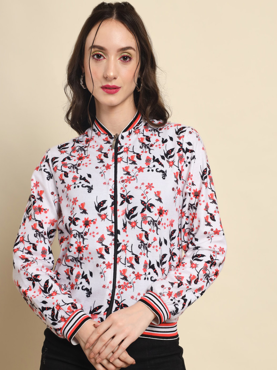 

BAESD Floral Printed Fleece Varsity Jacket, White